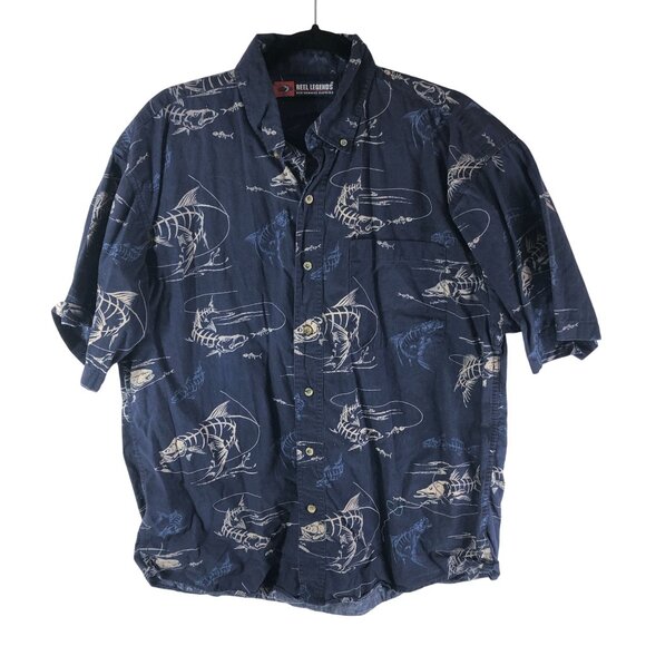 Reel Legends Mens Button Down Shirt Fishing Skeleton Novelty Cotton Navy Blue L - Picture 1 of 4